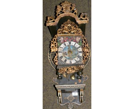 A Dutch thirty hour wall clock, 19th century, gilt painted cast lead pierced frets, polychrome painted dial with figures and 