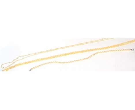 A cultured pearl necklace, with a pearl clasp, length 45cm, and two continuous cultured pearl necklaces (3)