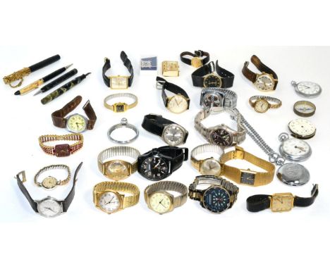 A group of various wristwatches, pocket watches (some a.f.) including Timex, Rotary, Accurist and others