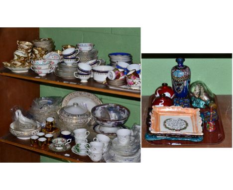 Three Sunderland lustre plaques, a pair of Japanese cloisonne vases, a Hammersley & Co part tea service, Paragon, Wedgwood, M