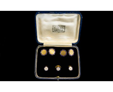 Gentleman's - Superb Quality 18ct Gold Enamel and Pearl Set Trio of Studs. c.1930's, Fully Marked for 18ct Gold + A Pair of A