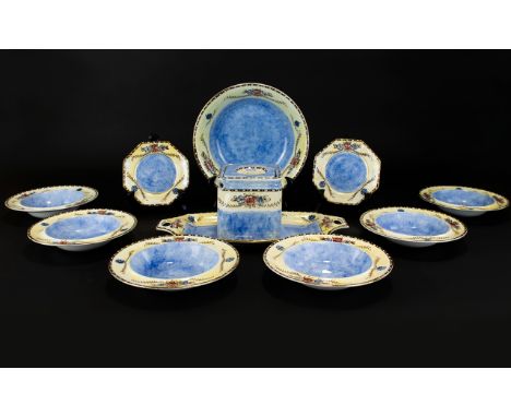 Art Deco Royal Winton Grimwades Chelsea Hand Painted Ware Part Tea Service With 'Cube' Teapot Eleven pieces in total in blue,