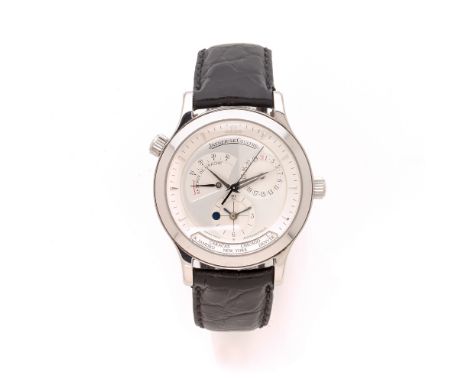 JAEGER LECOULTREMASTER GEOGRAPHIC. REF. 142.8.92.VERS 1997Montre bracelet en acier sur cuir avec second fuseau horaire (jour/