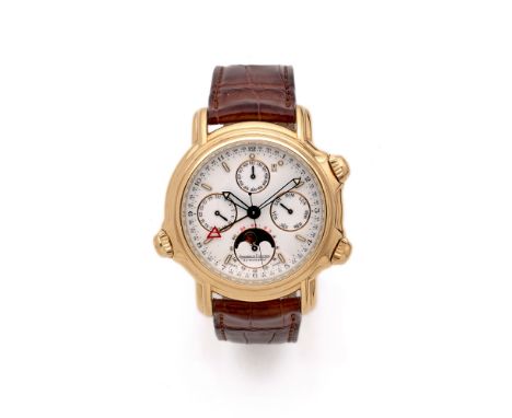 JAEGER LECOULTRECALENDRIER PERPETUEL ET GRAND RÉVEILRÉF. 180.1.99ANNÉES 90Montre bracelet en or jaune sur cuir.BOITIER : rond