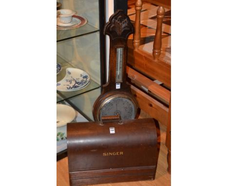 A vintage Singer portable sewing machine, also with oak banjo wall barometer (2)