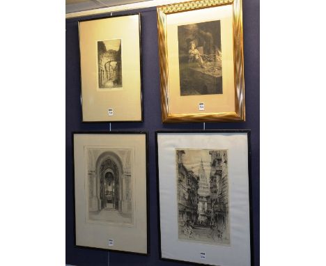 A large monochrome print of a Dutch windmill scene, together with four signed engravings including 'The Scottish National War