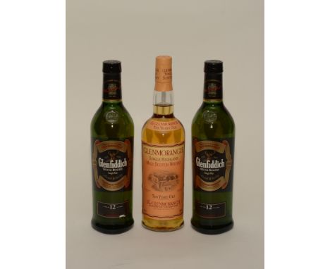 A Glenmorangie 10 year old single Highland malt scotch whisky, 70cl, 40% vol, tubed, also with two bottles of Glenfiddich spe