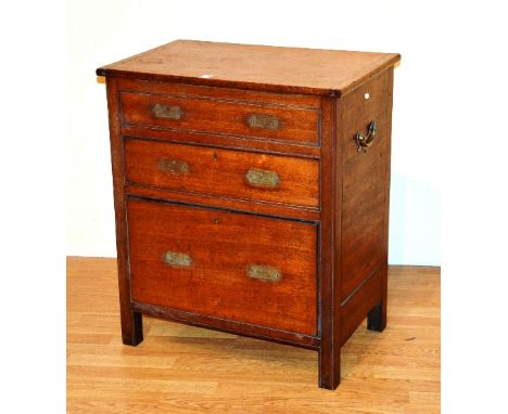 A Victorian campaign style chest of drawers, with hinged top above two drawers and deep drawer, metal carry handles to each s