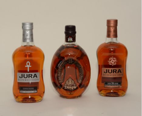 A Jura 'Diurachs Own' 16 year old old single malt scotch whisky, 70cl, 40% vol, boxed, also with Jura 'Superstition' lightly 
