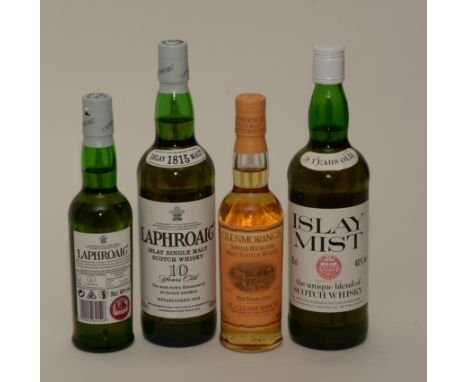 Two bottles of Laphroaig 10 year old Islay single malt scotch whisky, 35cl, 40% vol, 70cl, 40% vol, tubed, Islay Mist 8 year 