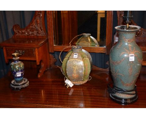 A late 19th/early 20th century Japanese cloisonne vase lamp, dating from the Meiji period, raised on ebonised stand, 16cm hig