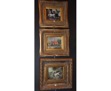 Three reproduction hunting, horse and dog prints, in ornate gilt frames (3)