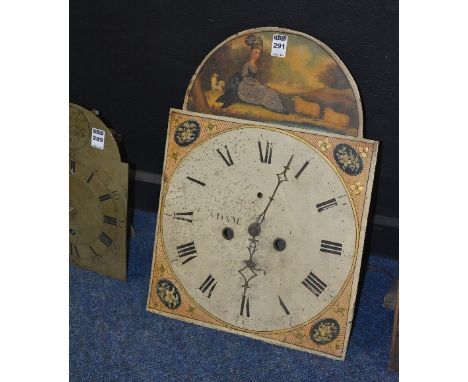 A late 18th/early 19th century painted longcase clock dial and movement, makers name rubbed off, with female figure and sheep