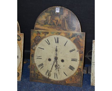 A 19th century painted longcase clock dial and movement, named 'The Stirrup Cup', decorated with panels of figures, makers na