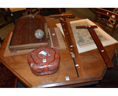 A mixed lot of wood items, to include T-squares London makers Bagatelle Board etc, also with Chinese type lacquered bowl, car