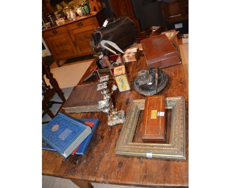 A large quantity of sundry collectables, to include gladstone bag, carriage clock, Victorian deskstand, Sykes Hydrometer set,