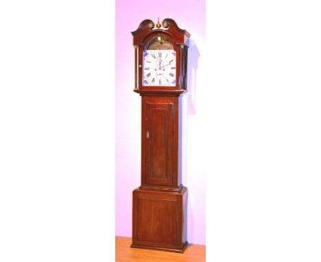 A late 18th/early 19th century mahogany longcase clock by JAS Scott Edinburgh, the hood with broken swan pediment and glazed 