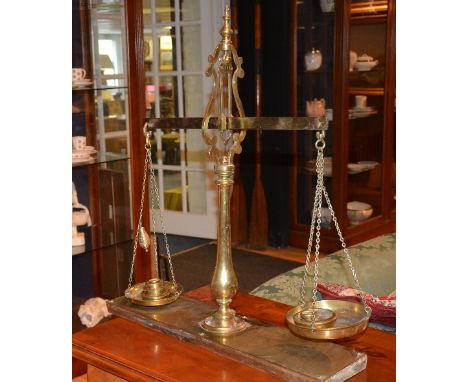 A set of vintage brass butchers scales, stamped class 3, with brass weights, 70cm high