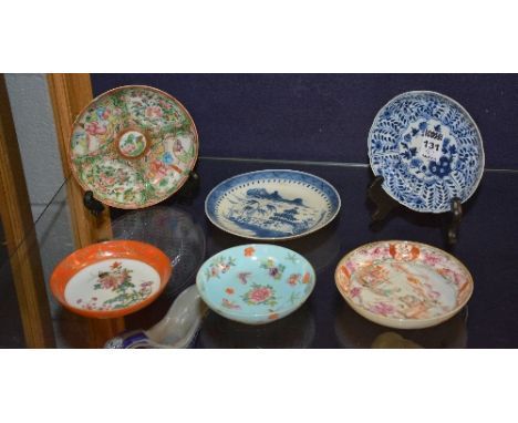 Six assorted Chinese porcelain saucers, circa 19th century and later, to include Canton example, 11, 12, 13, 14, and 15cm dia