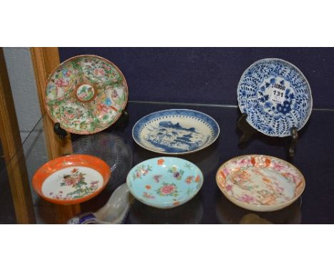 Six assorted Chinese porcelain saucers, circa 19th century and later, to include Canton example, 11, 12, 13, 14, and 15cm dia