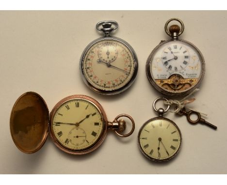 A gentleman's silver Swiss made 8 day pocket watch, the white enamel face with Roman numerals and skeleton movement displayed