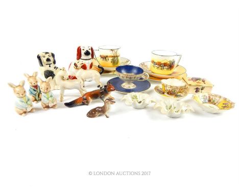 A collection of ceramic items including a pair of French Limoges porcelain dishes decorated with fish, a pair of Royal Doulto