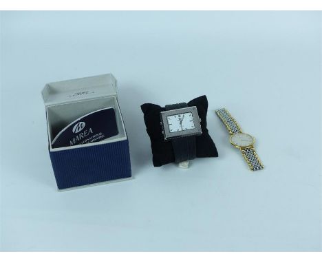 Two gentleman's wrist watches consisting of a boxed 'Marea' square-shaped, brushed stainless steel dual faced (digital and an