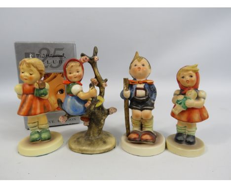 4 Small Goebel Hummel figurines "Puppet Princess" Exclusive edition with box, "Girl with Doll" Tmk5 (small chip), "Apple tree