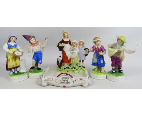 Yardley ceramic soap dish and 4 Alfretto figurines.