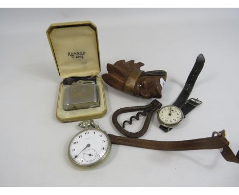 Mixed lot to include a pocket watch, lighter, a Native american carved pip bowl etc.