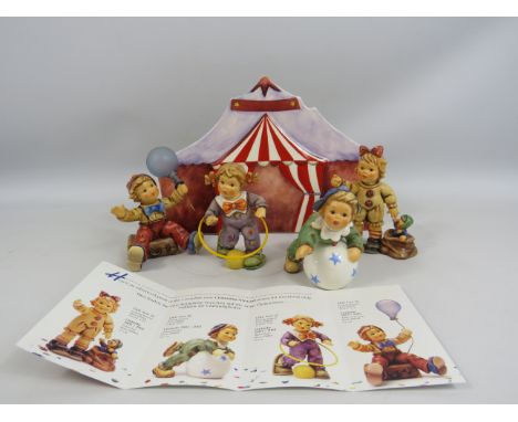 Goebel Hummel Exclusive edition collectors club  "Clowning around" series 4 Figurines and ceramic circus tent backdrop. All t