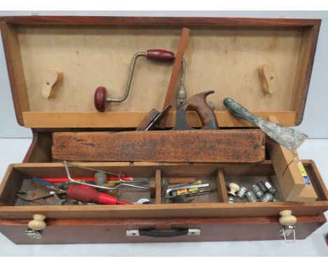 Joiner made wooden tool box with small selection of vintage tools within. see photos.
