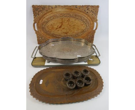 4 vintage trays, Retro, wooden and silver plated plus 6 tree bark shot glasses.