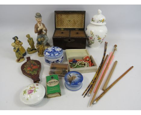 Mixed collectables lot to include a wooden tea caddy, costume jewellery, irish wade figurines etc.