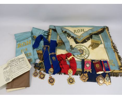 Selection of 7 Masonic medals, sash etc.