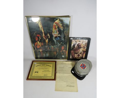 Good Mixed Wild West/Frontier lot to include framed under glass photo of Native Americans plus a Native American quartz wall 