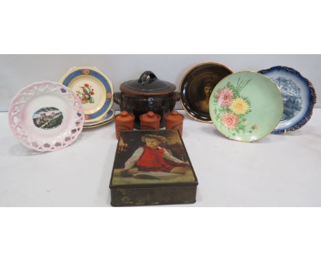 Mixed ceramic lot to include collectable plates a vintage Edward sharp tin etc.