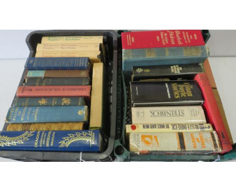 2 Trays of various vintage books Stienbeck, Sherlock Holmes etc.