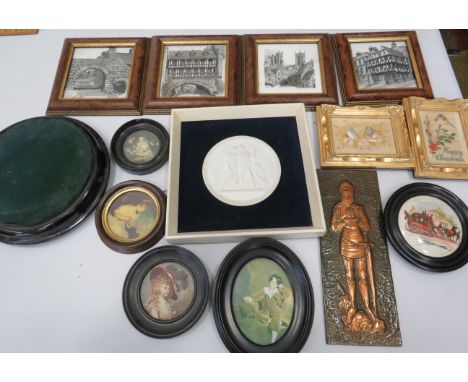 Mixed lot of Framed pictures, A Royal Copenhagen plaque and 2 WW2 framed embroided sweetheart cards  