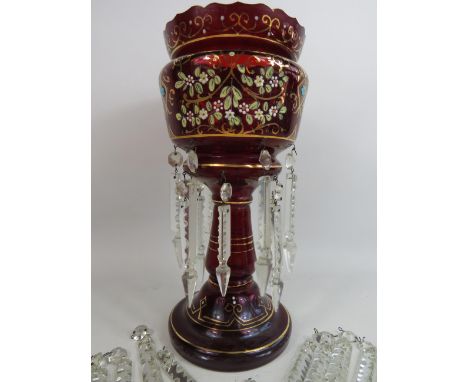 Large Victorian ruby glass lustre with hand painted decoration and a spare set of glass droplets.