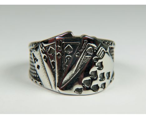 Gentlemans large Stainless Steel card players ring. Finger size Z-5+.  See photos.