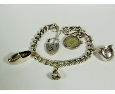 Vintage Sterling Silver Double Link Charm Bracelet Heart 