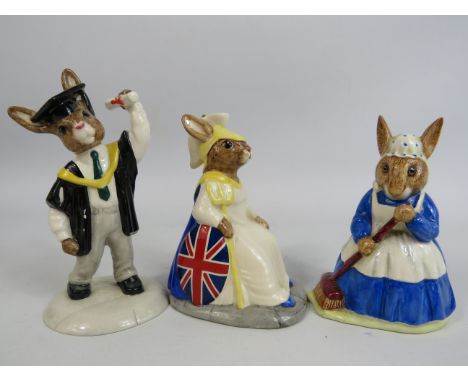 3 Royal Doulton Bunnykins figurines, Britannia limited edition 90 of 2500 with box, Mrs Bunnykins clean sweep and Graduation 
