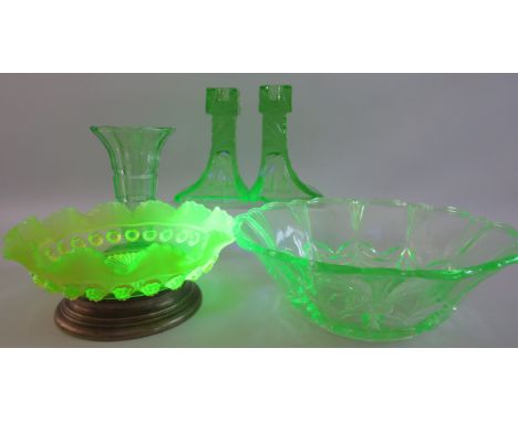 5 pieces of art deco uranium glass (slight chip to one of the candle stick bases)