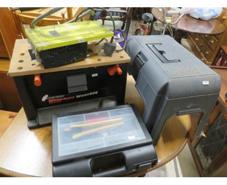 Black &amp; Decker Workmate tool box. Plastic sit on work box, plastic toolbox and 240v Recip saw. See photos.   S2