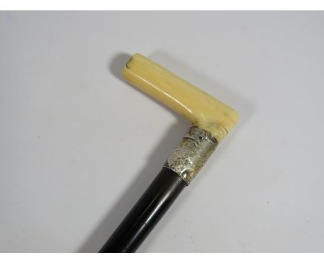 Vintage Ebony Cane with Silvered Collar and Bone Handle.  34 inches long. See photos. 