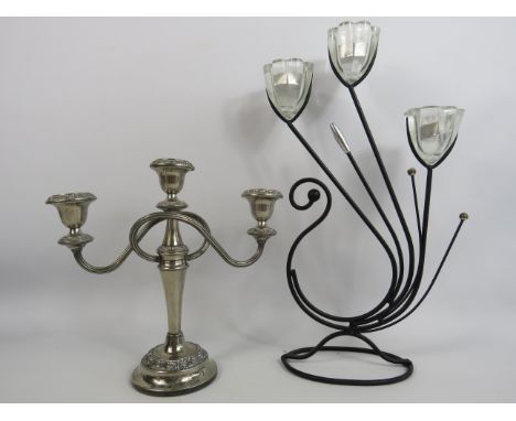 Vintage silver plated 3 arm candelabra plus one modern candelabra.