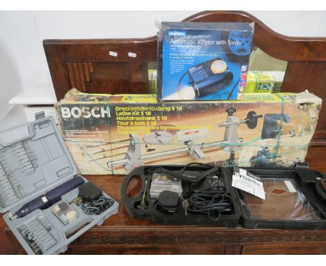 Assorted power tools to include dremel type tools, Bosch lathe kit, boxed etc see photos.    S2