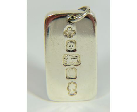 925 Solid Sterling Silver Ingot pendant with large clear hallmarks. 35mm long