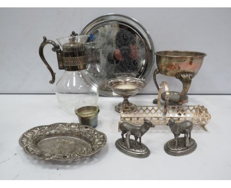 Mixed Silver plated / white Metal items including a claret jug and 2 deer figurines.